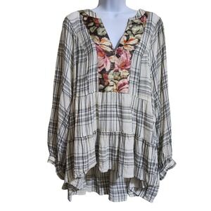 Anthropologie 2X Darlene Plaid Peasant Plaid Floral Tiered Top Metallic Thread
